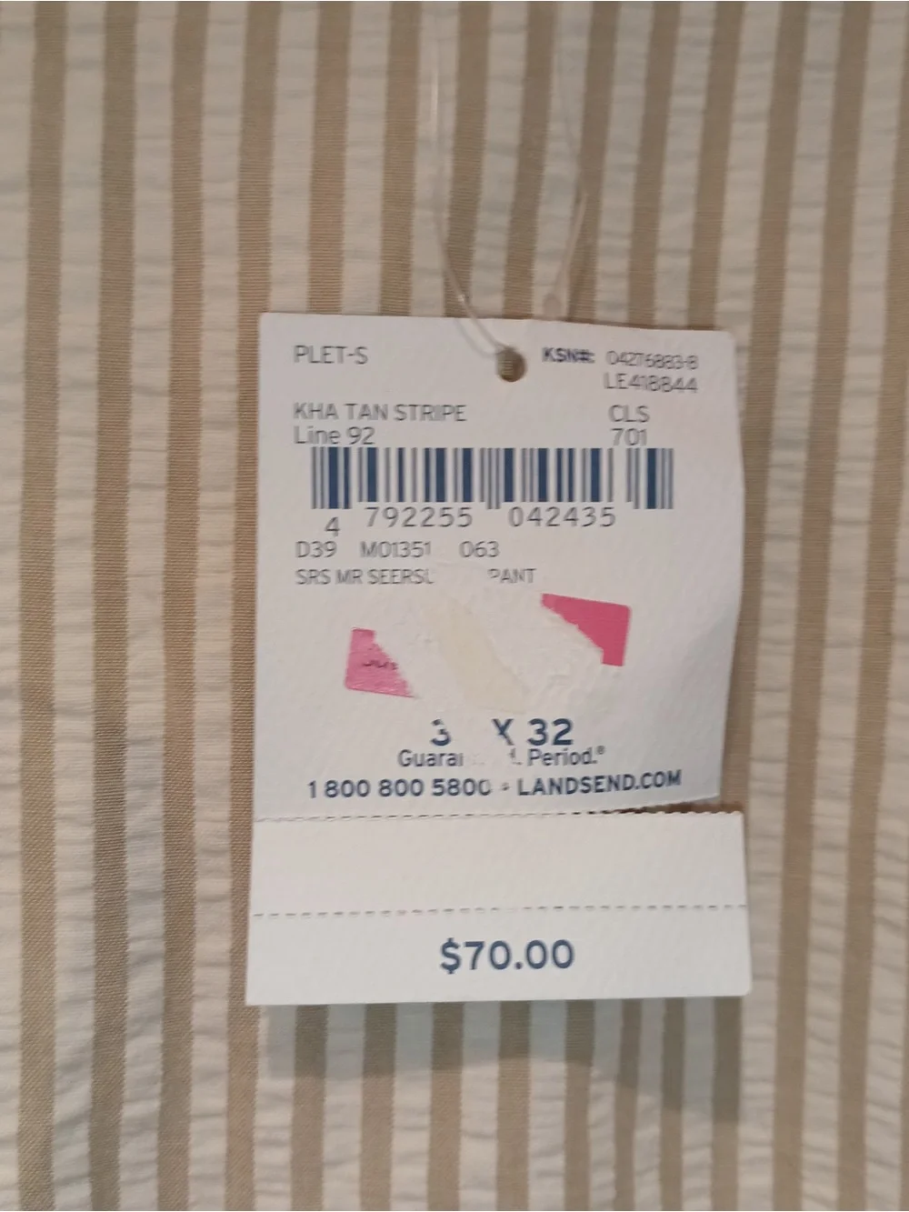 NWT Lands’ End Men's Cream khaki seersucker pants Textured trousers